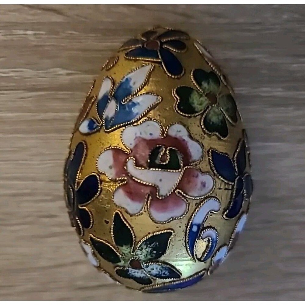 Vtg*Cloisonne Egg* Enameled Multicolored Jewel Tone Flowers Leaves - Picture 5 of 8